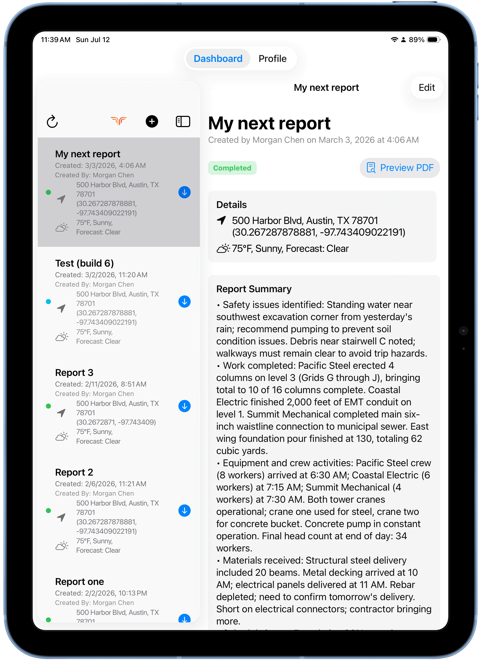 Dashboard with report list