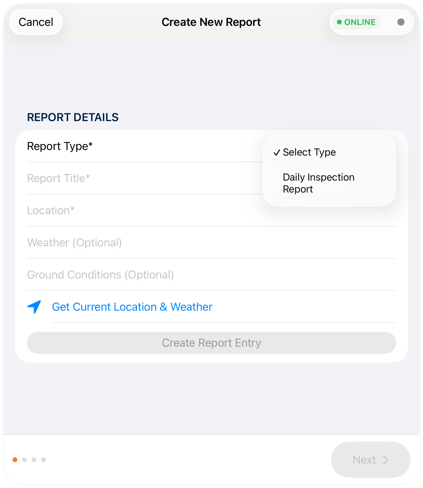 Report type picker
