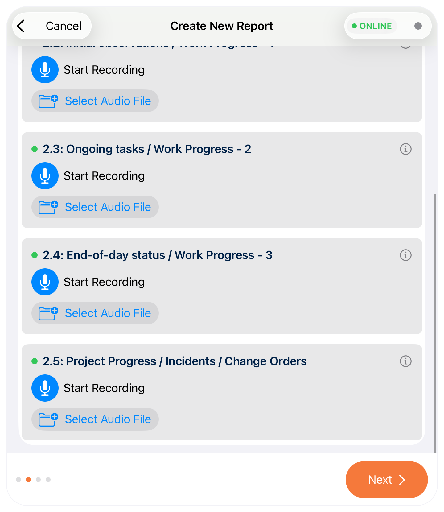 All five sections with audio attached