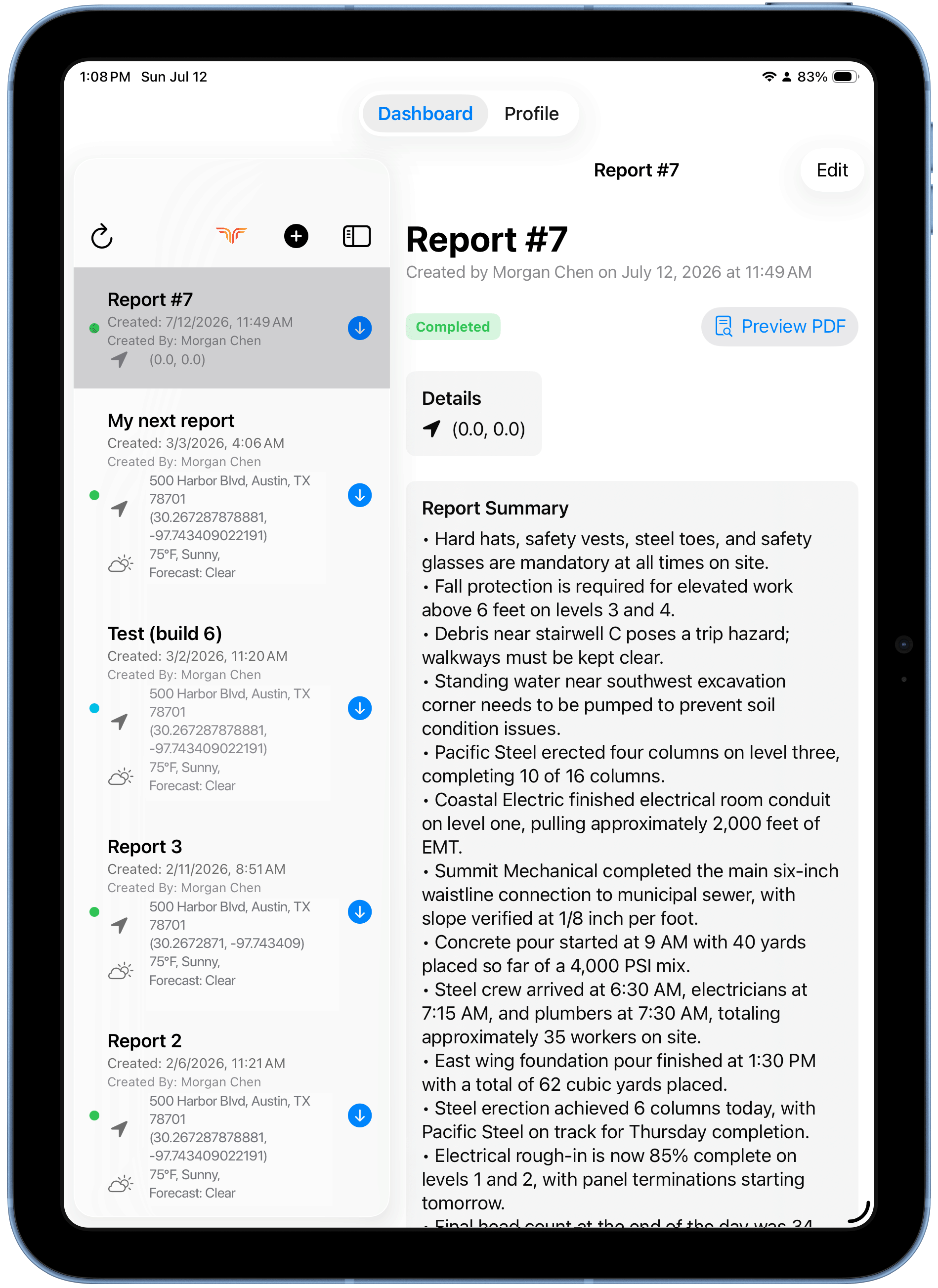 Top of a generated report